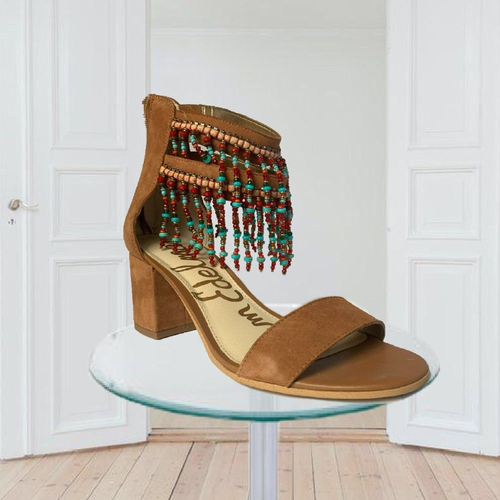 Sam Edelman Sibel Beaded Ankle Strap Sandals Block Heel Brown Tan Women's 8.5